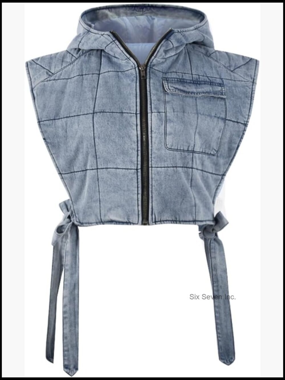 Sleeveless Hooded Denim Vest Zip Padded Relax Fit Cropped Jean Vest